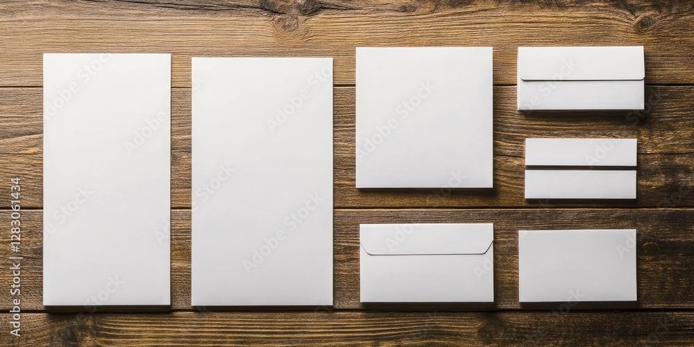 Poster Blank corporate stationery collection arranged neatly on a wooden table featuring two large and five small white paper items for branding design purposes