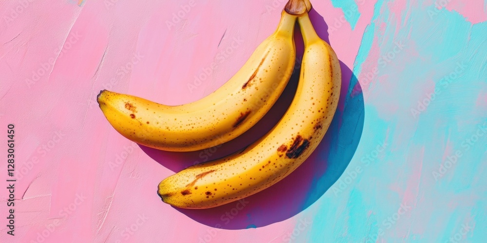 Poster ripe bananas placed diagonally on a vibrant pink and blue textured background emphasizing freshness 