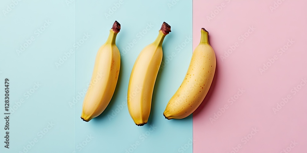 Poster minimalist flat lay of three ripe yellow bananas on a pastel blue and pink background emphasizing a 