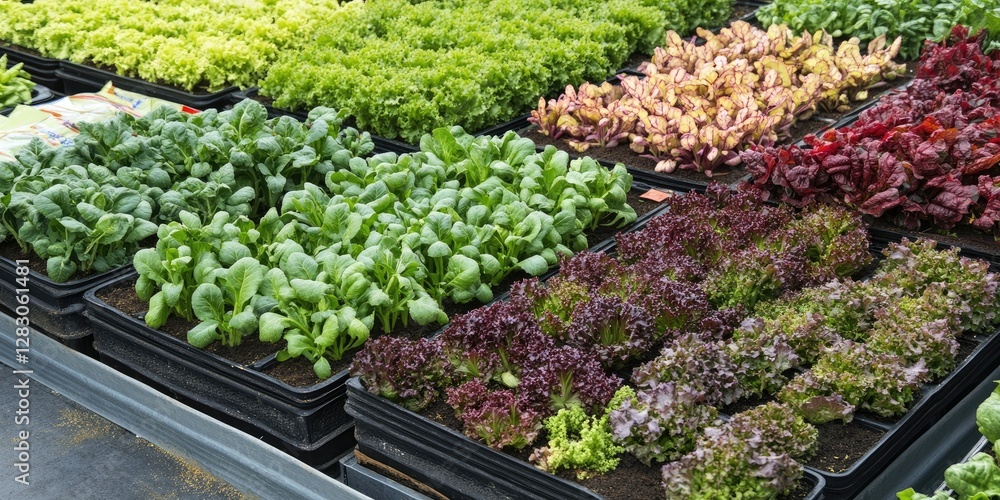 Aufkleber vibrant green and purple lettuce varieties arranged in neat rows on trays inside a greenhouse with n