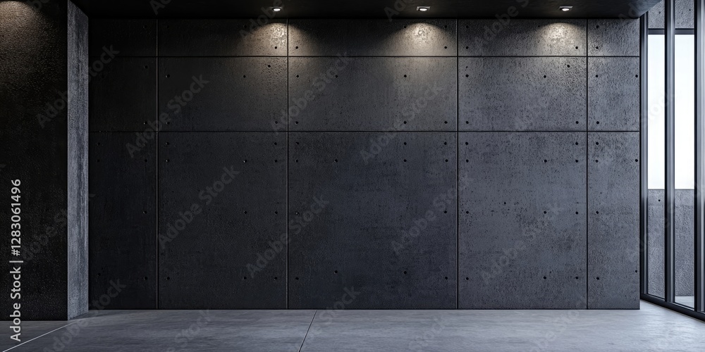 Poster panoramic view of a dark gray concrete wall with a smooth and textured surface illuminated by recess