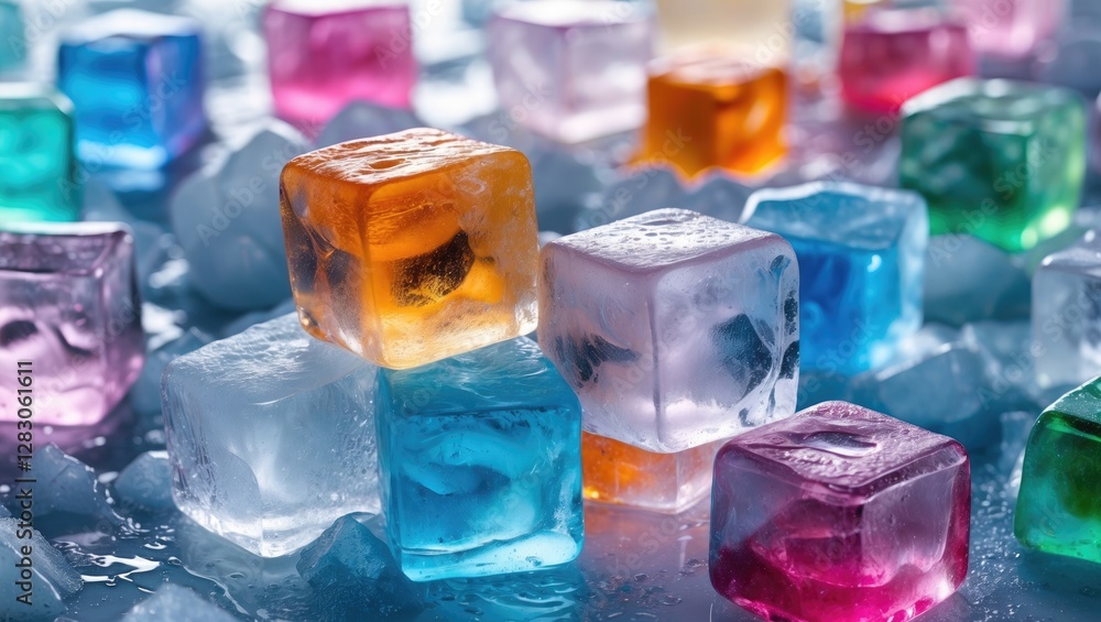 Aufkleber colorful ice cubes on a reflective surface surrounded by crushed ice creating a vibrant texture and 