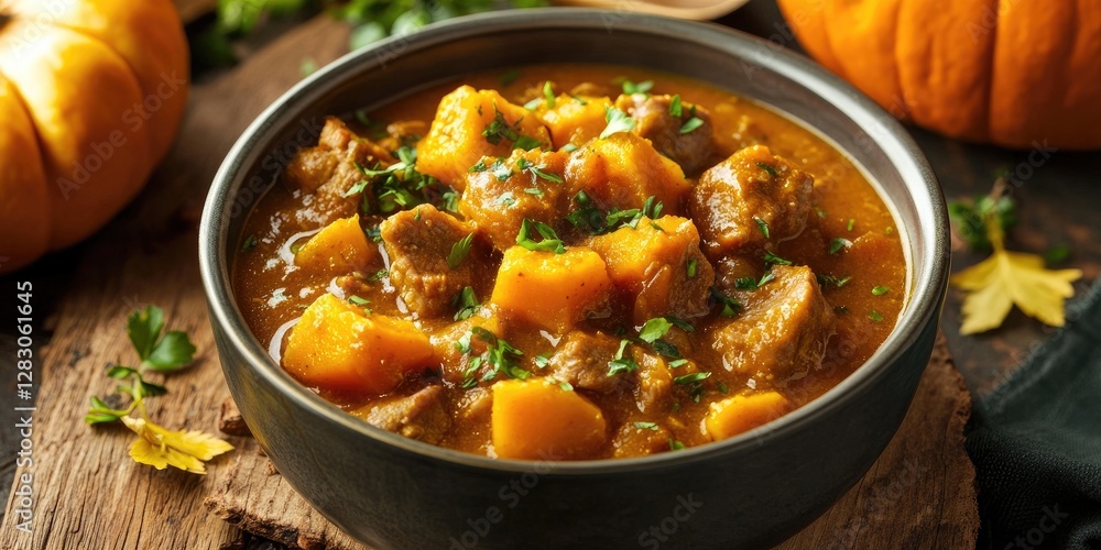Poster bowl of hearty pumpkin stew with chunks of meat and potatoes garnished with fresh parsley, placed on