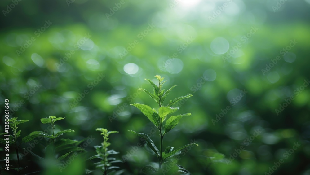 Aufkleber lush green foliage with soft bokeh effect highlighting a single plant, creating a serene and tranqui