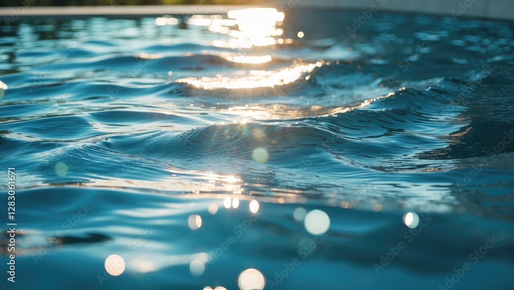 Poster close-up view of sunlight reflecting on calm water surface with gentle ripples and bokeh effect in a