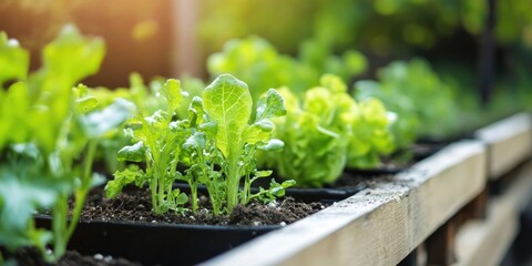Fresh green lettuce seedlings growing in wooden planters under soft sunlight with blurred background of vibrant garden foliage.