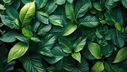 Green leafy vegetation background with a variety of tropical and subtropical plant leaves in diverse shapes and textures