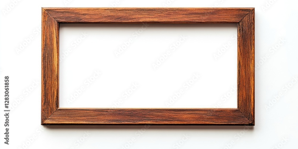 Aufkleber vintage brown wooden picture frame with a blank cutout canvas centered against a bright white backgr