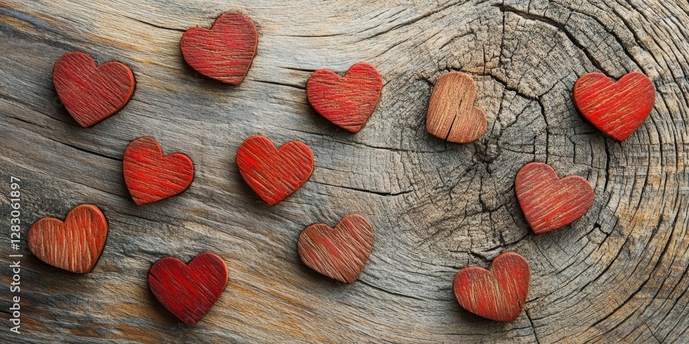 Poster red wooden hearts scattered on weathered tree stump background with rich textures and natural variat