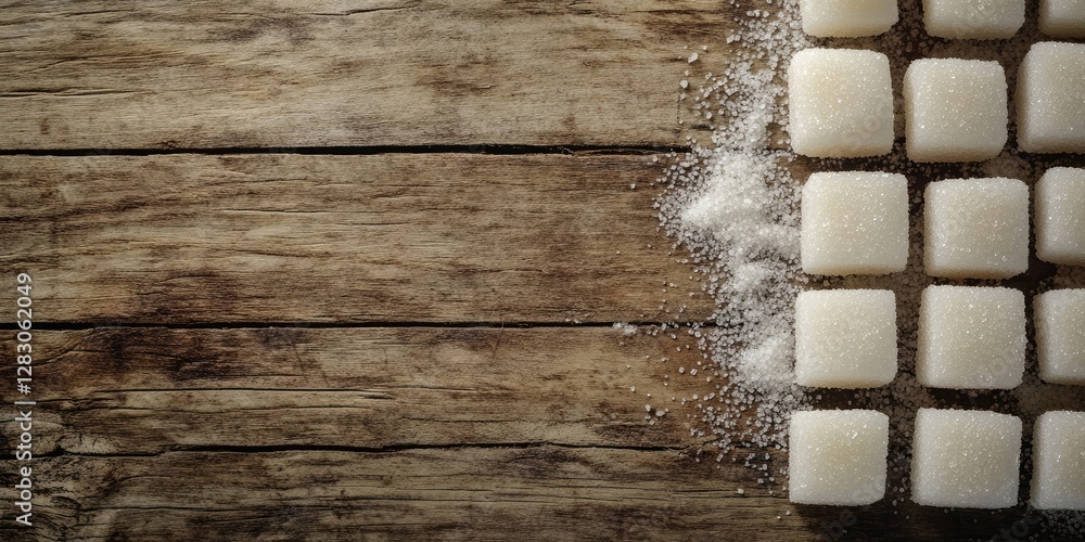 Poster square arrangement of refined sugar cubes on a rustic wooden surface with scattered sugar grains on 