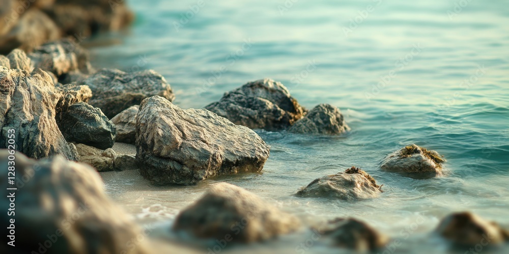 Aufkleber serene rocky seashore with selective focus on textured stones in the foreground and soft blurred wat