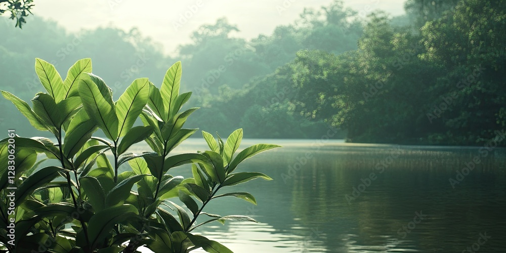 Poster serene riverbank scene with lush green leaves in foreground, soft light filtering through trees, ref