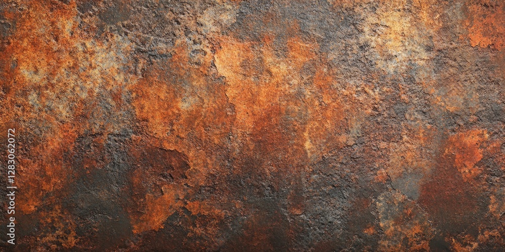 Poster Rich and varied rust wall texture featuring deep oranges and earthy browns with a rough, weathered surface, ideal for unique design projects.