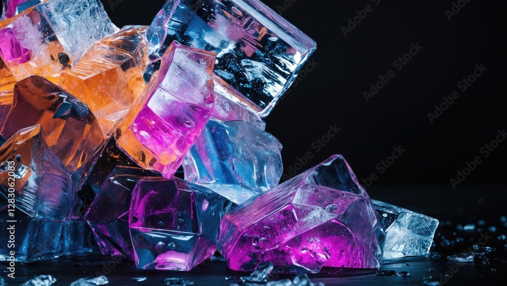 Poster colorful ice cubes arranged on a dark background with reflections and scattered ice shards creating 