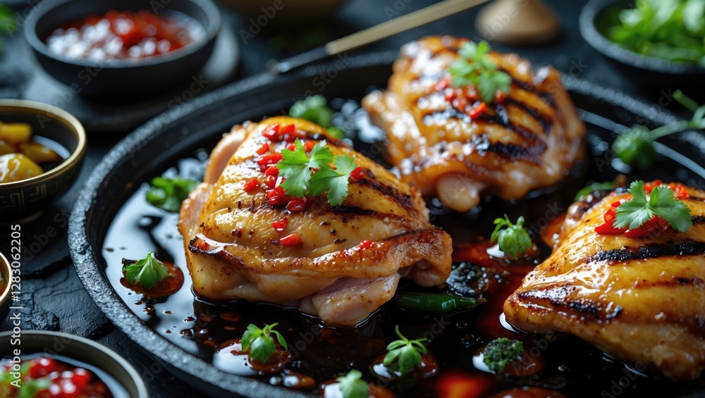 Poster grilled chicken thighs glazed with soy sauce and sambal garnished with fresh herbs on dark backgroun
