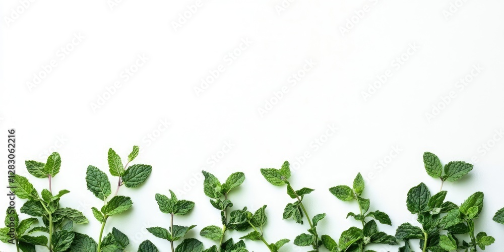 Aufkleber fresh green mint leaves arranged horizontally against a clean white background with soft shadows cre