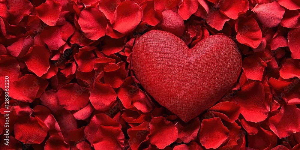 Poster vibrant red heart on a background of lush rose petals with a blank space for text, creating a romant