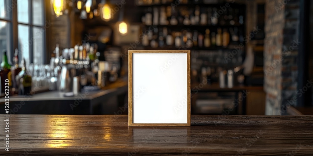 Poster wooden frame mock-up on a rustic bar table with blurred bottles in the background, ample space for t