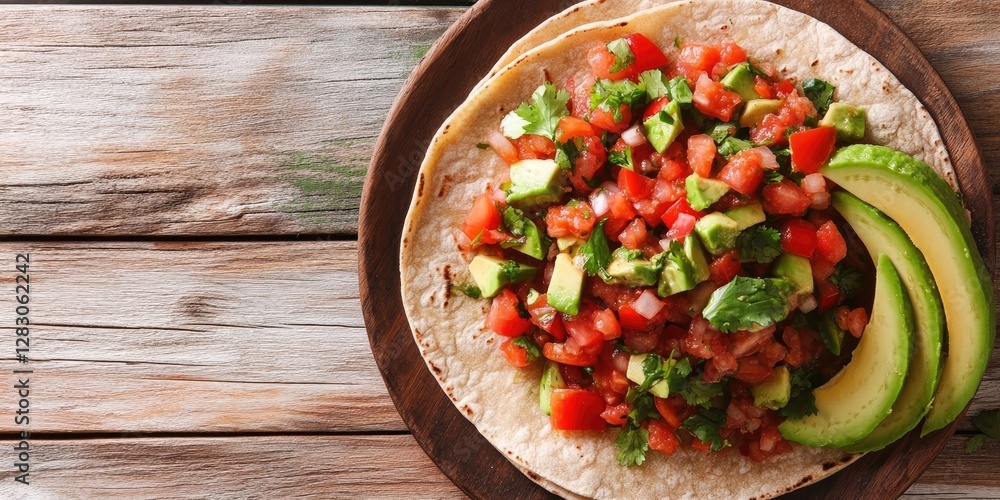 Poster colorful red corn tortilla topped with fresh pico de gallo and avocado slices arranged on a wooden p