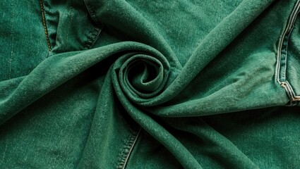 Fototapeta premium Textured green denim fabric background with a swirling pattern showcasing the unique fabric detail and tonal variations of the material.