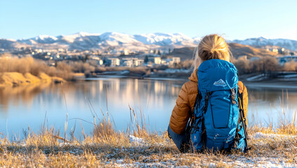 Woman hiker pauses, gazing at tranquil lake and snow-capped mountains; town in background; perfect for travel or adventure blogs