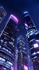Night city skyscrapers, planes fly above, vibrant lights