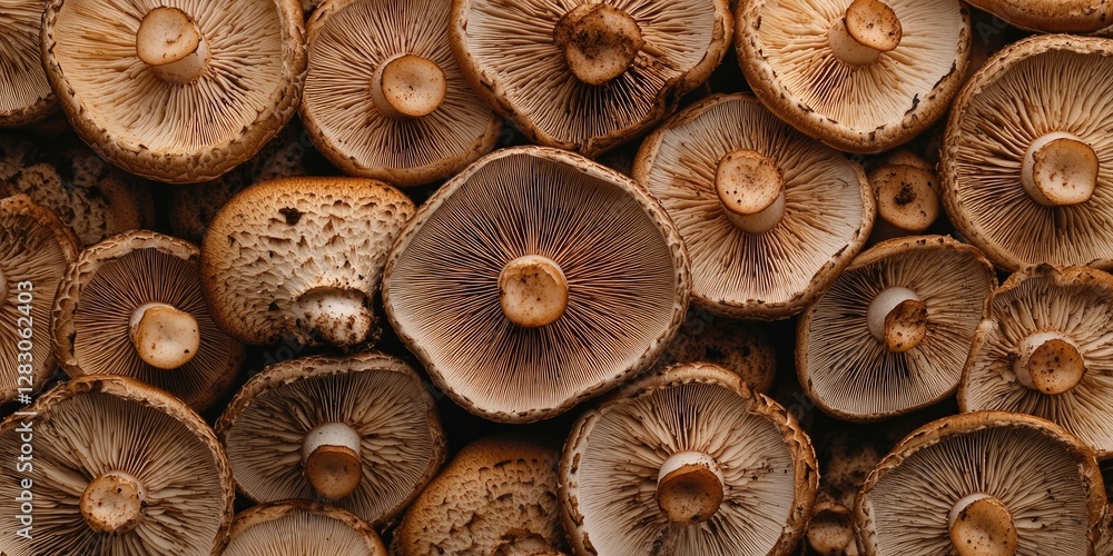 Poster Close-up of assorted mushroom caps displaying earthy brown tones and intricate textures stacked densely in a natural arrangement for design use