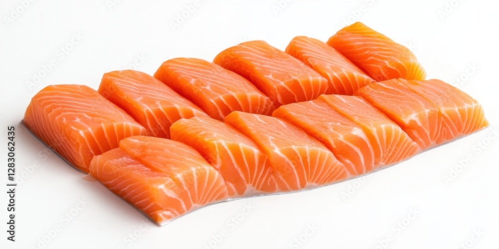 Poster Fresh raw salmon fillet slices arranged in neat rows on a bright white background highlighting their rich orange hue and marbling ideal for culinary imagery