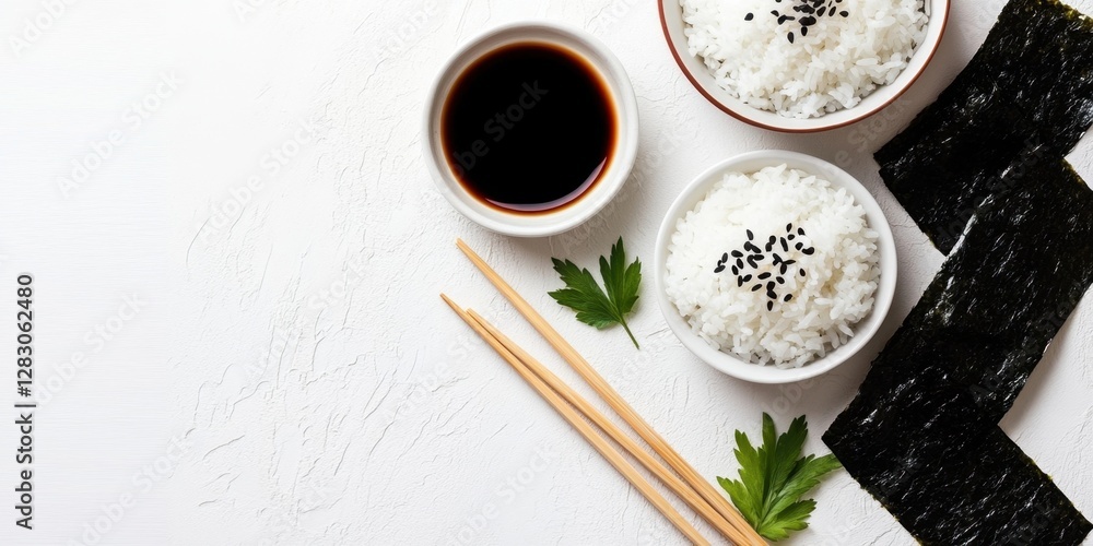 Aufkleber nori sheets rice in bowls with black sesame seeds soy sauce and chopsticks arranged elegantly on a w