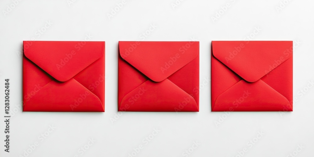 Aufkleber red envelopes arranged in a straight line on a white background showcasing a vivid contrast with a m