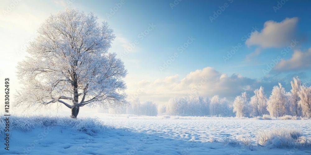 Poster serene winter landscape featuring a frosted tree against a clear blue sky with soft clouds highlight