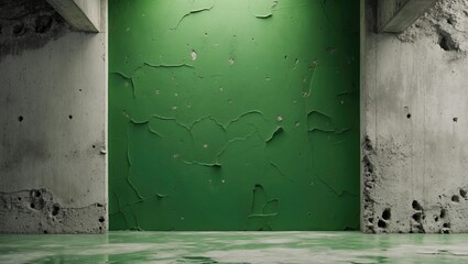 Urban loft space featuring a textured green wall and rough concrete surroundings, ideal for modern interior design concepts.