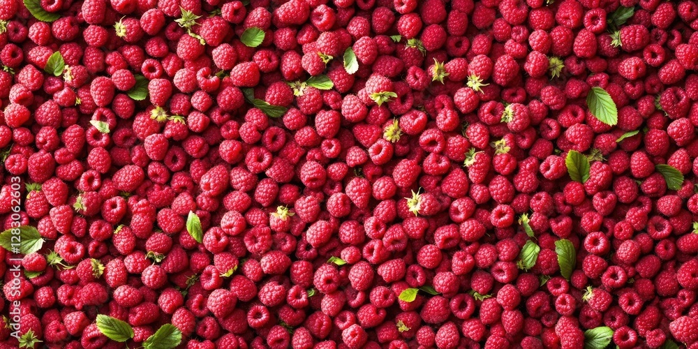 Poster vibrant red raspberries arranged densely with green leaves accents filling the entire frame creating