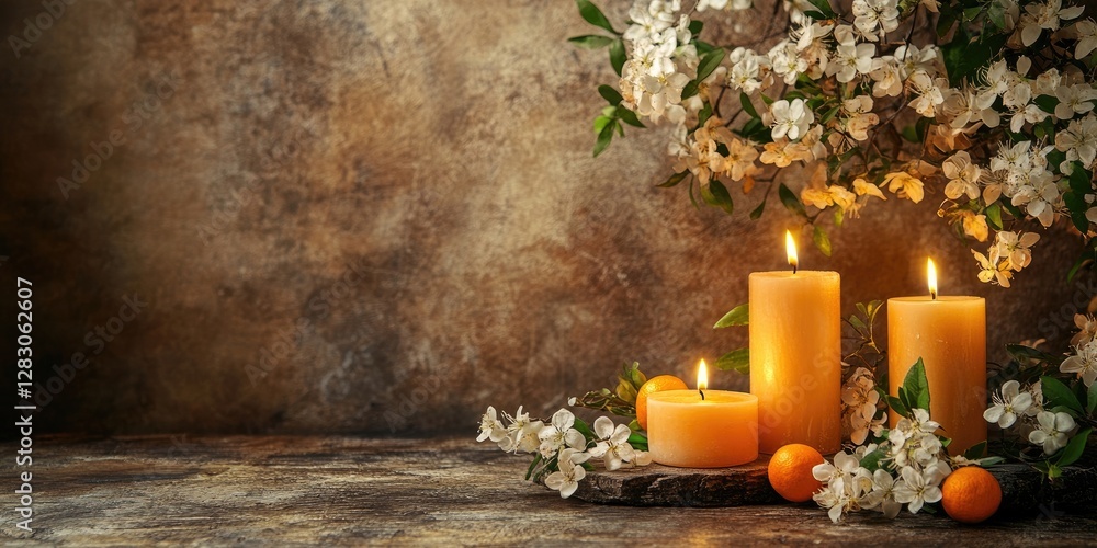 Aufkleber scented candles in warm yellow colors with orange blossoms arranged on a rustic brown backdrop creat