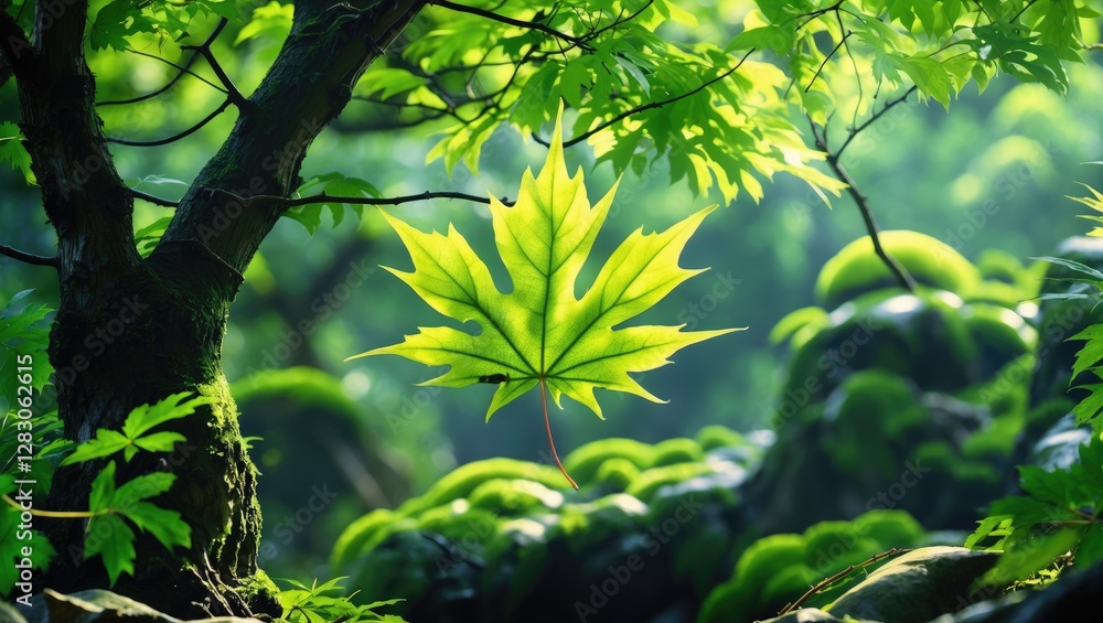 Poster close-up of vibrant green maple leaf surrounded by lush foliage and sunlight filtering through trees