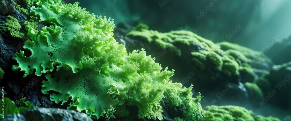 Poster lush green moss and algae on rocky surface with soft light creating a tranquil underwater scene in a