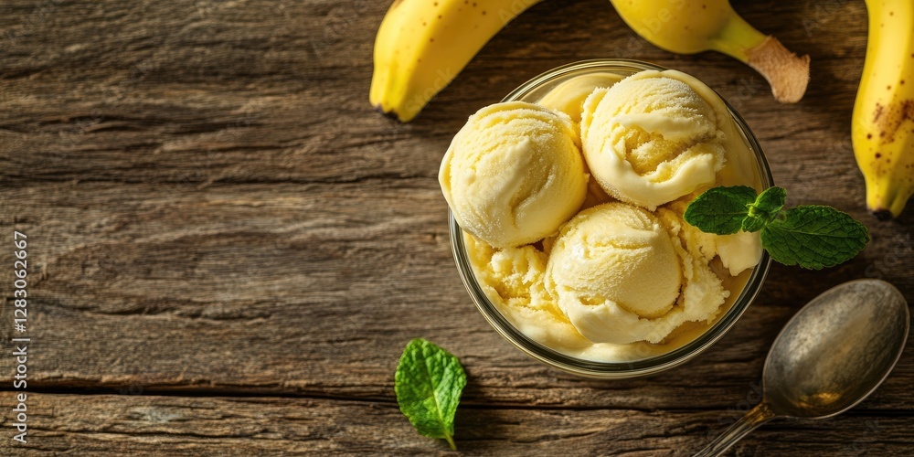 Poster homemade banana ice cream in a glass bowl with three scoops on a rustic wooden table surrounded by b