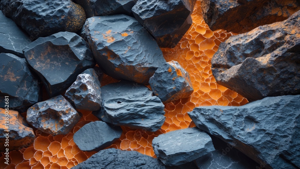 Aufkleber textured volcanic rocks on a hexagonal patterned surface with contrasting orange and dark gray color