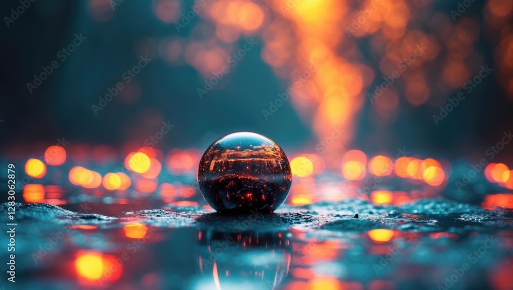 Poster abstract crystal orb reflecting vibrant lights in a dark environment creating a surreal and enchanti