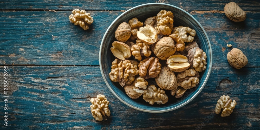 Poster bowl of assorted opened walnuts on rustic blue wooden background with scattered walnuts enhancing na