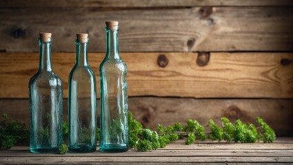Vintage glass bottles with cork stoppers on wooden background decorated with greenery and copy space for creative designs and advertisements