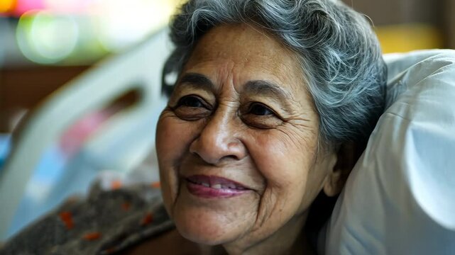 Portrait of a smiling senior Hispanic woman in a hospital bed, generative AI