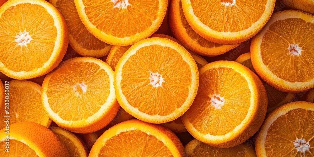 Poster freshly sliced ripe oranges displaying vibrant orange flesh stacked closely together showcasing thei