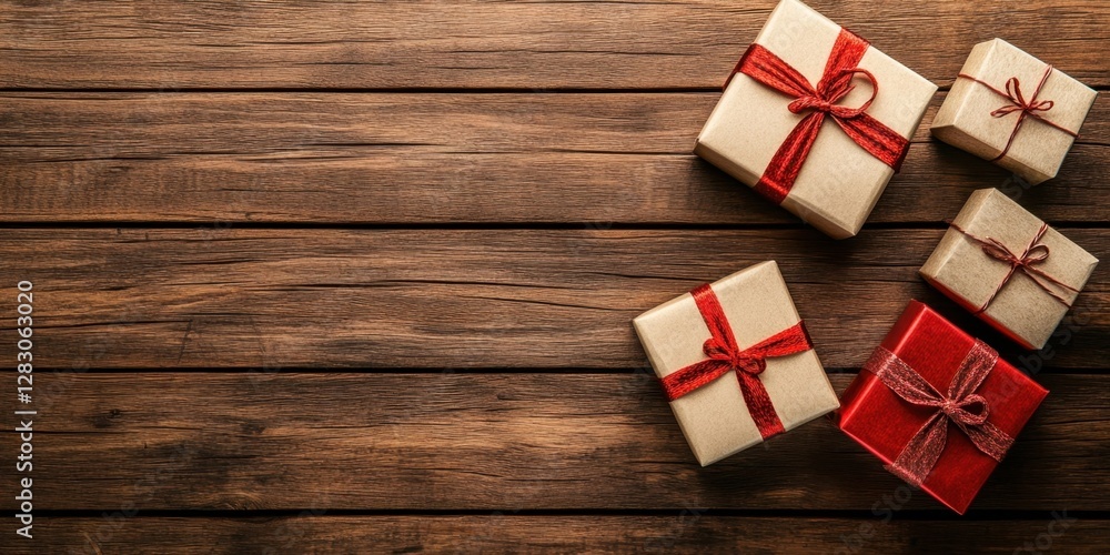Poster Presents in various sizes wrapped with red and natural ribbons on a rustic wooden surface with ample negative space around them