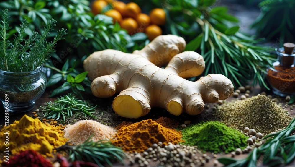 Poster Fresh ginger root surrounded by an array of colorful aromatic herbs and spices on a rustic wooden surface