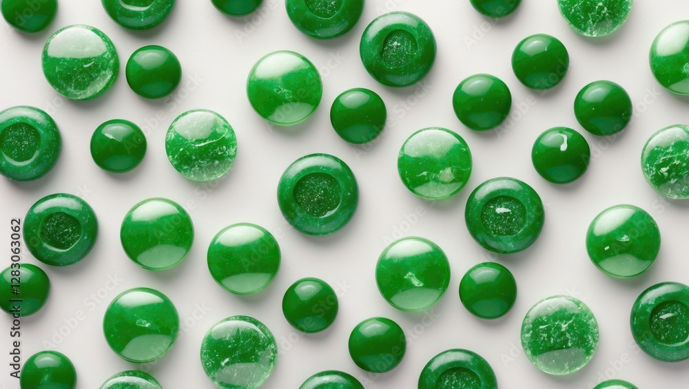 Poster variety of shiny green candies arranged on a white background creating a colorful and vibrant candy 