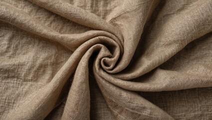 Brown textured fabric twisted in a spiral pattern with natural fibers and wrinkled appearance close-up shot