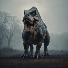 Fototapeta premium A giant dinosaur standing alone in an empty, misty background.