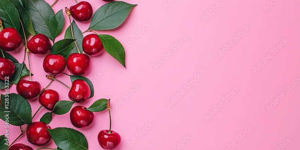Poster ripe red cherries with lush green leaves arranged on the left side against a soft pink backdrop, sho