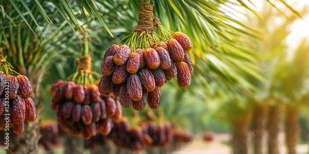Poster Ripe clusters of dates hanging from palm tree fronds in a lush green setting with soft sunlight illuminating the scene and a blurred pathway in background